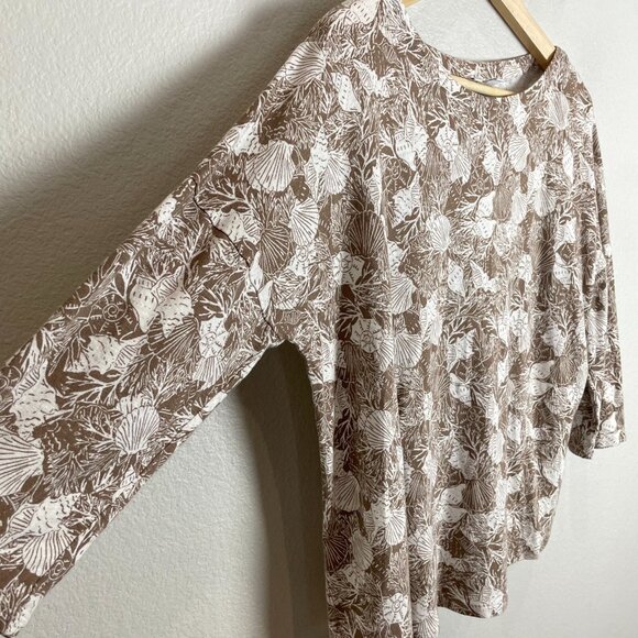 J Jill Womens Large Tan Linen Blend Shirt Seashell Print Top 3/4 Sleeve - Picture 7 of 12